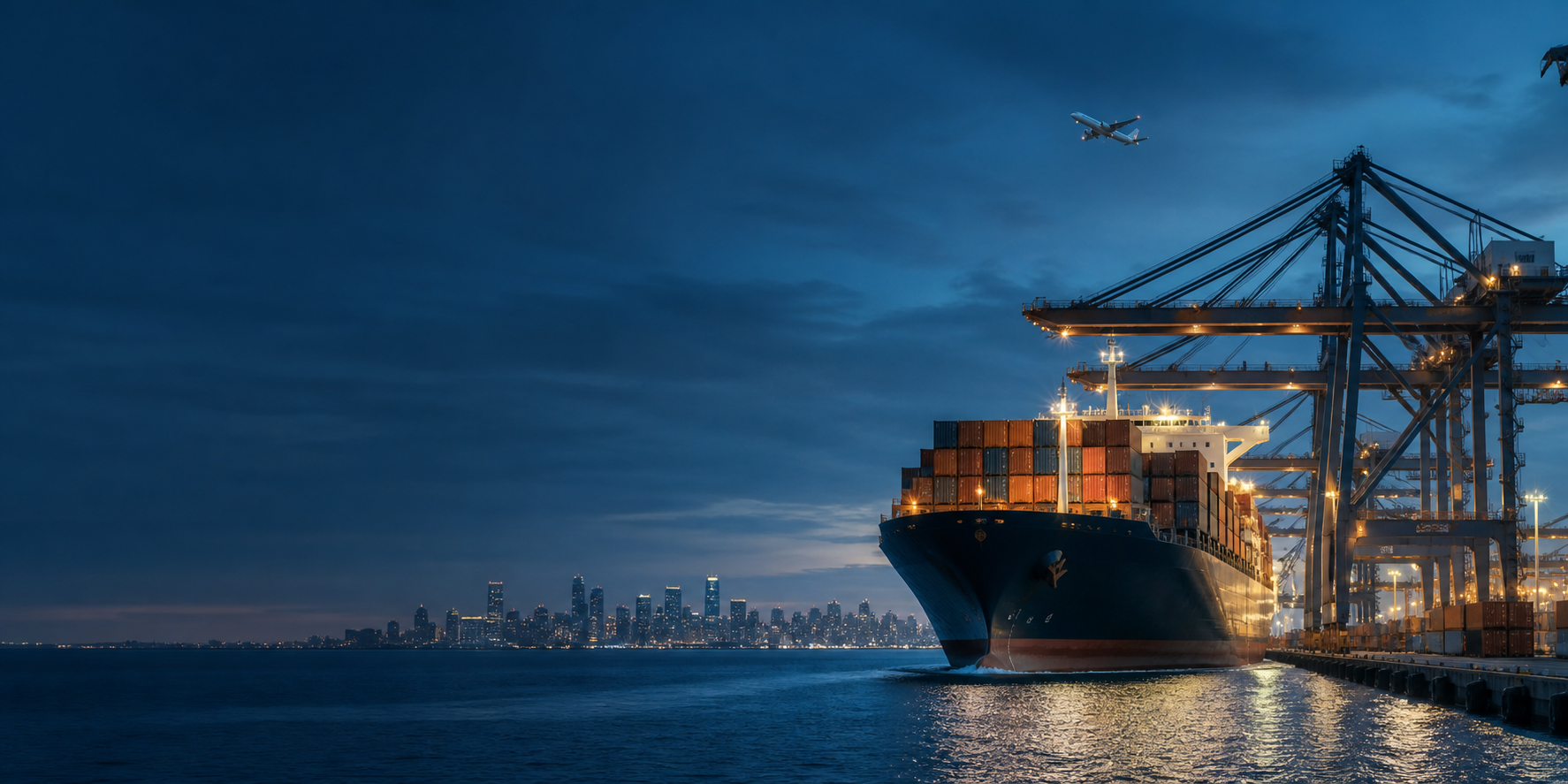 Container ship being loaded at a port under a dusk sky